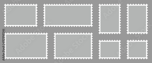 Gray color postage stamp icon set in flat style. Postage stamp vector used for retro branding, vector designs for web backgrounds, digital Interfaces and document tools. Vector illustration.