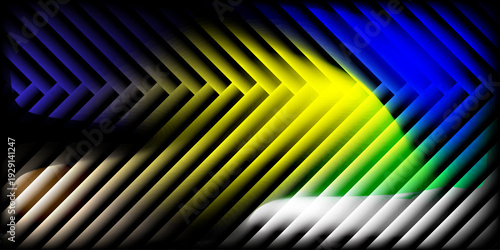 Abstract digital background with glowing neon diagonal bars. Futuristic tech texture with blue, yellow, and white light gradients on black. Dynamic geometric pattern for gaming and cyber design.