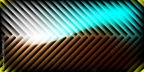 Abstract digital background with glowing neon diagonal bars. Futuristic tech texture with cyan, white, and brown light gradients on black. Dynamic geometric pattern for gaming and cyber design.