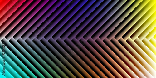 Abstract digital background with glowing neon chevron bars. Futuristic tech texture with rainbow gradient light on black. Rhythmic geometric herringbone pattern for gaming and cyberpunk design.