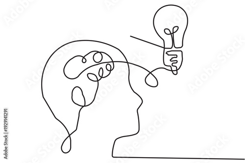 human head silhouette with light bulb. One line drawing Vector 