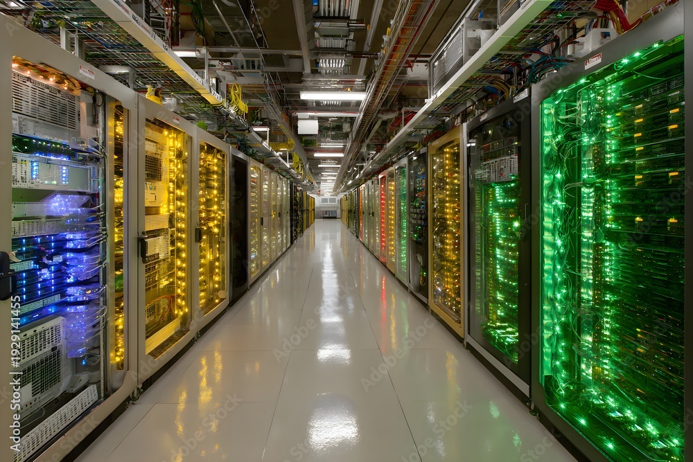 Fototapeta premium Futuristic Neon Lit Corridor in Data Center