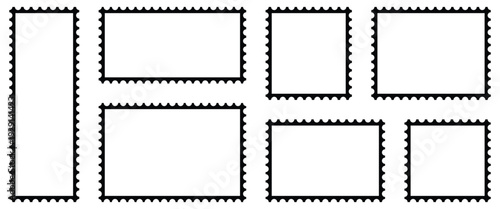 Set of black and white postage stamps in flat design ideal for creating stamp effect on images, e-commerce and advertising, and digital or physical postal service. Vector illustration.