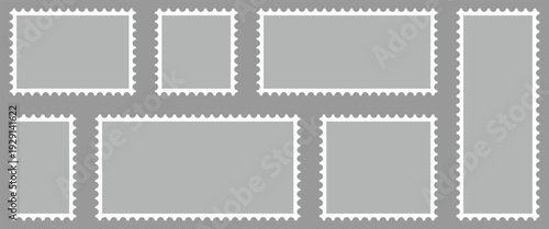 Set of blank rectangle and square postage stamps in gray background designed for graphic design, branding, and Used in banners, labels for shipping and illustration use.