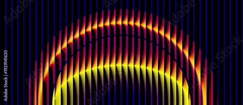 Abstract neon vertical line arch with vibrant yellow and magenta gradient on black. Futuristic digital backdrop with glowing blue stripes for tech, synthwave, and electronic music design.