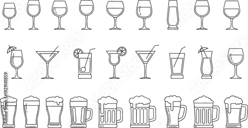 Alcohol Drink and Cocktail Outline Icon Vector Set with Wine Glass Beer Mug and Martini Symbols