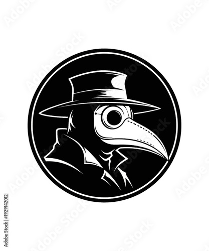 A compelling vector illustration of a historical plague doctor, prominently featuring an iconic long beak mask, distinctive wide-brimmed hat, and protective eyewear, rendered in a powerfull.