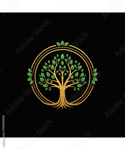 Elegant golden vector illustration of a flourishing tree of life emblem featuring vibrant green foliage encased within nested circular borders against a deep black background.