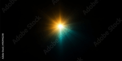 A bright light blue background with glowing sun rays and energy flashes creates a motion design of shining stars and blue flares in a dark space art illustration