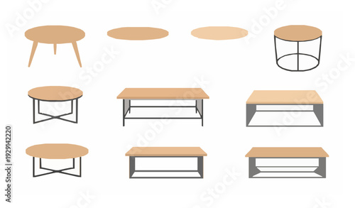 Scandinavian Coffee Table Set Modern Wooden and Metal Living Room Furniture Vector