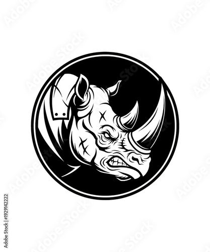 A powerful, aggressive rhinoceros head vector illustration, featuring a detailed, stylized design with bared teeth and a prominent horn, embodying strength, determination.