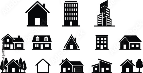 House and building silhouette set featuring residential homes, apartments, city skyscrapers, modern villas, suburban cottages, and urban architecture cad drawing flat vector illustration