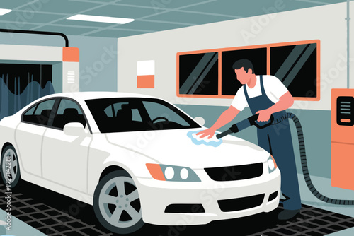 Worker in white shirt and dark overalls cleaning white car with vacuum hose and cloth, tiled floor and orange machine in car wash facility background.