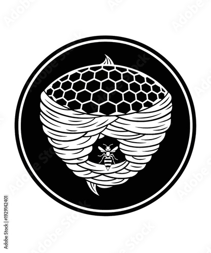 Elegant black and white vector illustration of a detailed wasp nest, showcasing its intricate hexagonal honeycomb structure at the top and a layered papery body.
