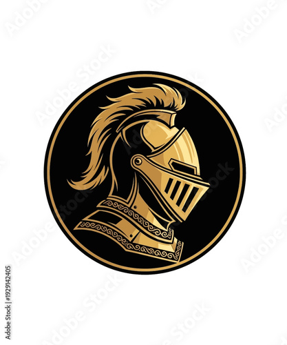 A captivating vector graphic illustration showcasing a golden knight's helmet in profile, adorned with a majestic flowing plume and intricate ornate details.