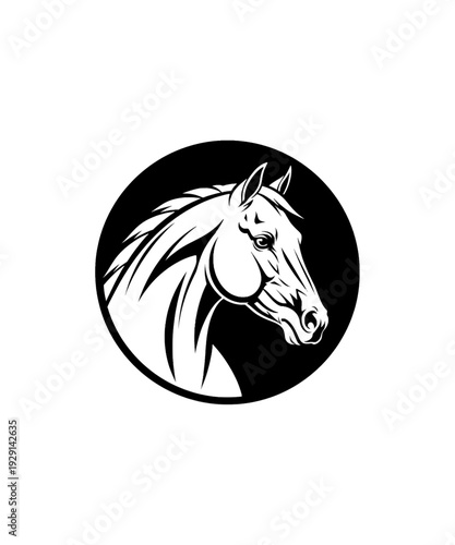 A striking black and white vector illustration depicting the majestic head of a horse, showcasing powerful features and elegant lines, perfect for sports teams, equestrian events, or dynamic branding.