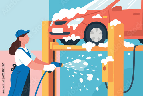 Worker in blue cap and apron washing elevated red car with high pressure hose, soap suds covering vehicle, pastel blue and pink background in stylized automotive scene.