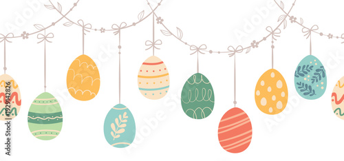 Seamless horizontal Easter garland with hanging colorful eggs. Perfect for textiles, banners, wallpaper, Easter cards and packaging