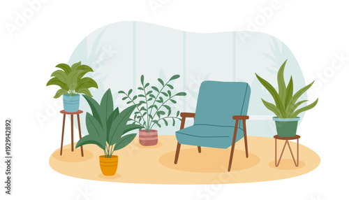 Home room interior with green plants and armchair2. Concept of relax, greening, gardening, psychotherapy. Vector hand drawn background.