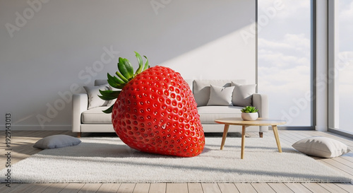 A giant, hyper-realistic strawberry sitting in the middle of a minimalist living room, surrealism.