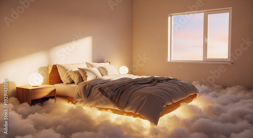 A cozy bedroom where the floor is covered in soft, white fluffy clouds