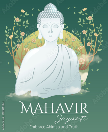 Mahavir Jayanti Minimal White Marble Statue with Green Floral Background