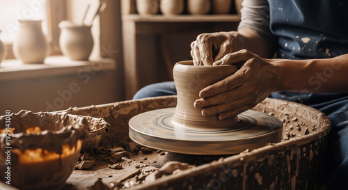 Hands covered in clay working on a pottery wheel, earthy tones, artisanal workshop