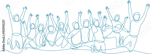 Continuous line art children celebration, joyful group jumping unity flat vector