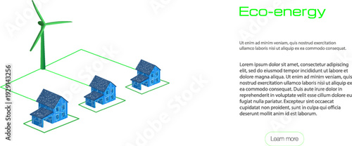 Wind turbines provide clean energy to houses in an eco-friendly setup during daytime in a rural area