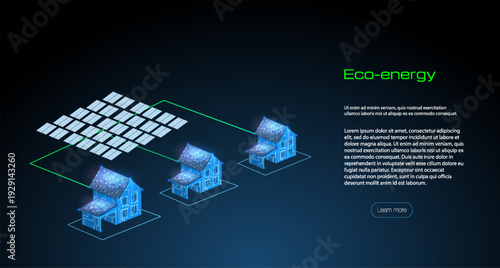 Three houses are displayed with solar panels on their roofs. Lines connect them to a larger grid, representing clean energy from sunlight. The scene suggests a focus on eco-friendly living.