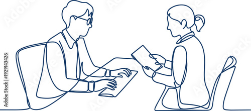 Minimalist continuous line business interview, professional meeting consultation discussion flat vector