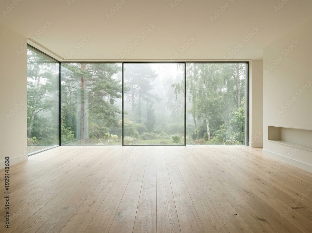 Fototapeta premium Pusty, luksusowy salon w stylu minimalistycznym. Ściany i sufit w kolorze Cloud Dancer. Podłoga z jasnego, szczotkowanego dębu o długich deskach. Wielkie okno panoramiczne od podłogi do sufitu