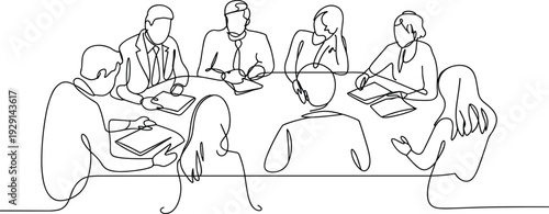 Continuous line art corporate meeting, teamwork collaboration group discussion flat vector