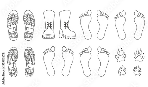 A set of various footprints and paw prints in a simple line art style