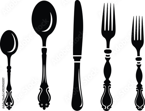 Classic vintage cutlery silhouettes featuring spoon, knife and fork set isolated on white background, elegant dining tableware vector illustration for restaurant and kitchen design