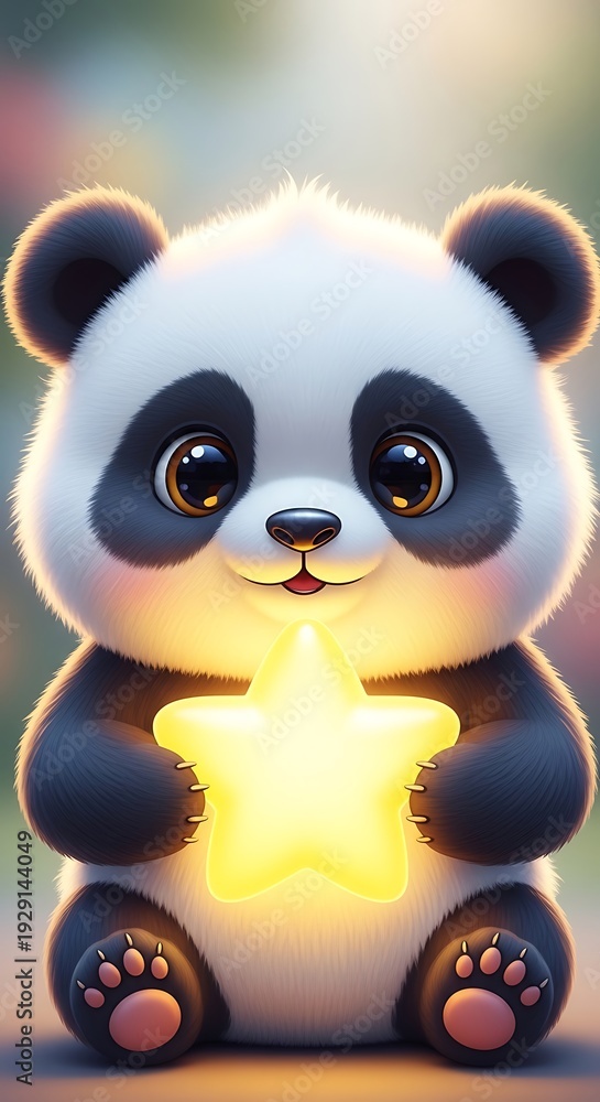 Fototapeta premium Cute panda bear holding glowing star.