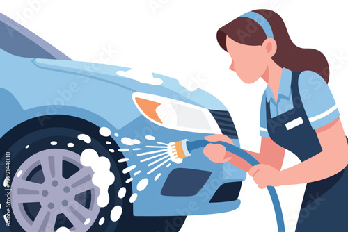 Cartoon illustration of worker in blue uniform with name tag washing blue car using hose and brush attachment, soap suds on bumper and wheel, professional car wash scene highlighting cleanliness.