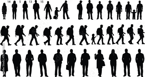 Diverse people silhouettes set, jumping children, walking adults, active figures, large group black vector.