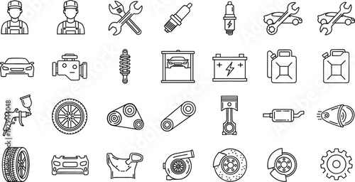 Automotive Service and Car Repair Outline Icon Vector Set with Mechanic Tools Engine Parts and Garage Symbols