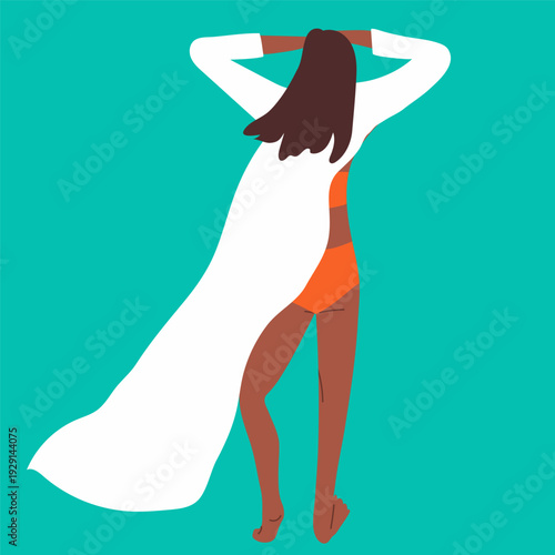 A tanned girl in a swimsuit stands with her back turned, wearing a tunic, hand-drawn vector illustration.
