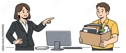 Hand drawn line art illustration of a businesswoman pointing at a man carrying a box of items depicting job loss for business and employment