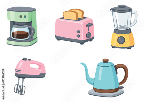 Colorful flat illustration home appliances set featuring a coffee maker, toaster, blender, hand mixer, and kettle for kitchen activities