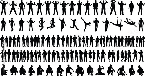 Diverse people silhouettes set, jumping children, walking adults, active figures, large group black vector.