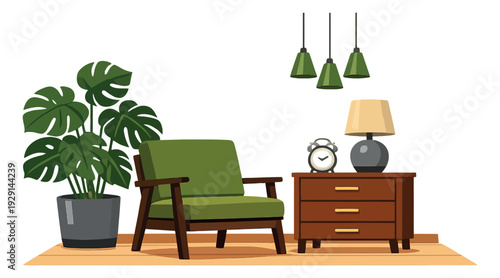 Modern flat design interior furniture set featuring a green armchair, monstera plant, nightstand, and pendant lights for home comfort