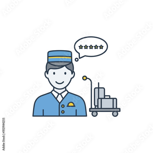 Hotel bellhop with luggage cart showing five-star customer review