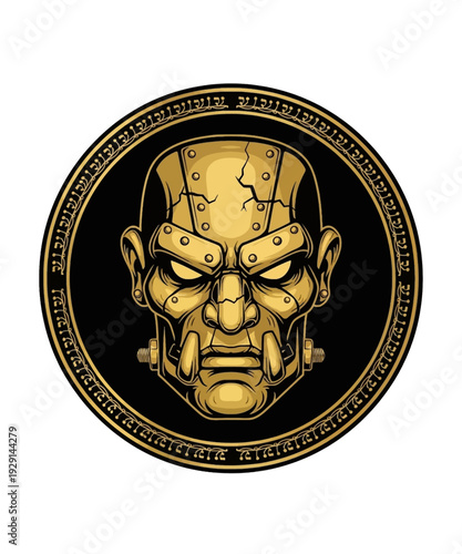 Striking vector graphic illustration of a menacing golden cyborg or robot head detailed with rivets and cracks within a circular emblem design.