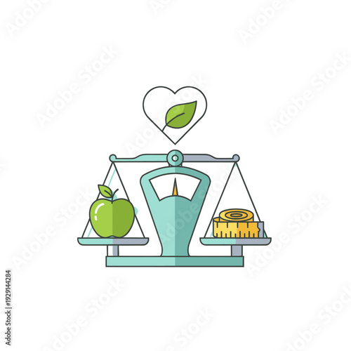Balance scale with apple and measuring tape for healthy lifestyle