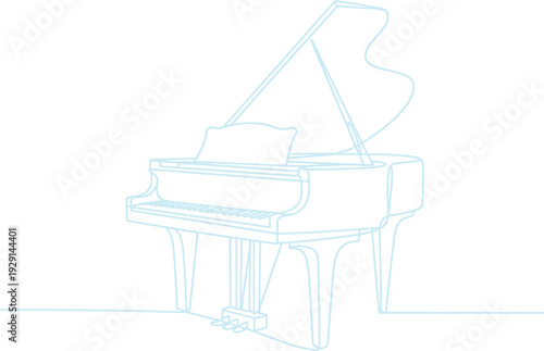 Minimalist grand piano line art drawing, elegant continuous outline flat vector