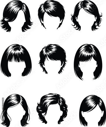 Collection of women hairstyle silhouettes featuring short, medium and bob haircuts isolated on white background, female hair style vector illustration set for beauty design