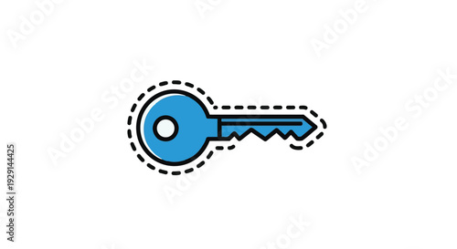 A blue key icon with a dotted outline
